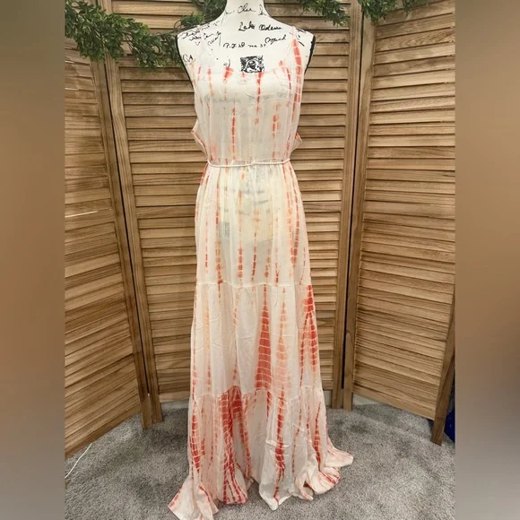 NEW White Waves Tie-Dye Maxi Dress with Tassel Belt - Picture 3 of 6